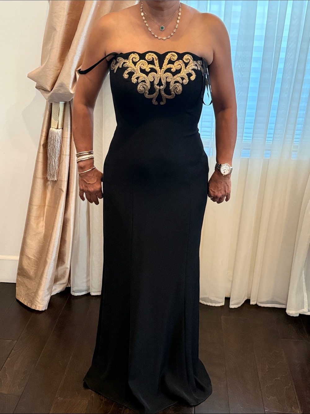 Tadashi Shoji Black Strapless Gown with Gold Embroidered Bodice